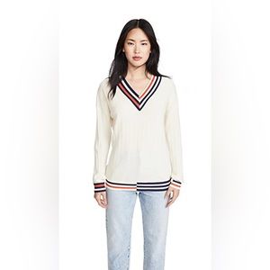 KULE Cream V-Neck Sweater with Navy and Red Stripes